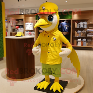 Lemon Yellow Woodpecker mascot costume character dressed with a Polo Tee and Rings