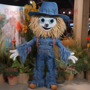 Blue Scarecrow mascot costume character dressed with a Flare Jeans and Rings