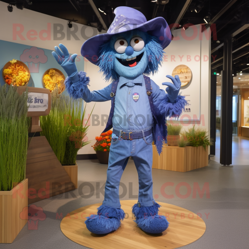 Blue Scarecrow mascot costume character dressed with a Flare Jeans and Rings