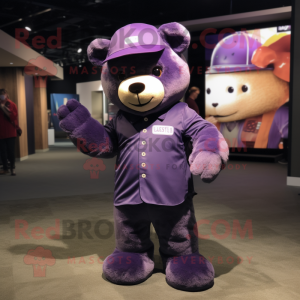 Purple Teddy Bear mascot costume character dressed with a Button-Up Shirt and Caps
