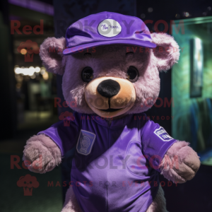 Purple Teddy Bear mascot costume character dressed with a Button-Up Shirt and Caps