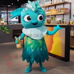 Teal Ceviche mascot costume character dressed with a Cocktail Dress and Headbands