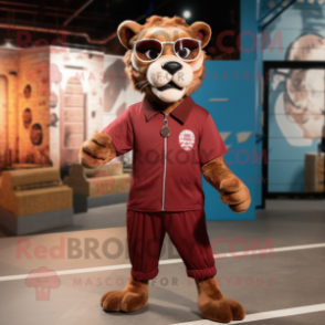Maroon Smilodon mascot costume character dressed with a Playsuit and Eyeglasses