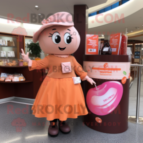 Peach Chocolate Bar mascot costume character dressed with a Culottes and Handbags