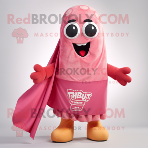 Pink Currywurst mascot costume character dressed with a T-Shirt and Shawls