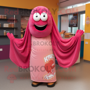 Pink Currywurst mascot costume character dressed with a T-Shirt and Shawls