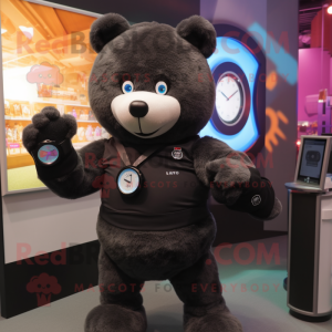 Black Teddy Bear mascot costume character dressed with a Vest and Smartwatches