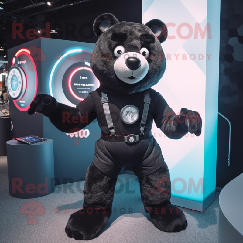 Black Teddy Bear mascot costume character dressed with a Vest and Smartwatches