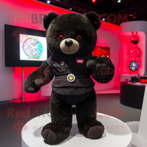 Black Teddy Bear mascot costume character dressed with a Vest and Smartwatches