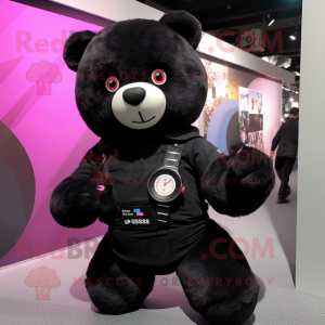 Black Teddy Bear mascot costume character dressed with a Vest and Smartwatches