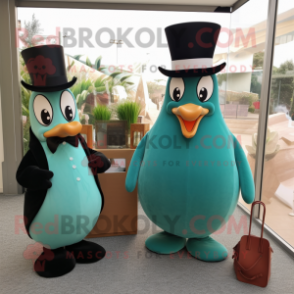 Teal Pear mascot costume character dressed with a Tuxedo and Clutch bags