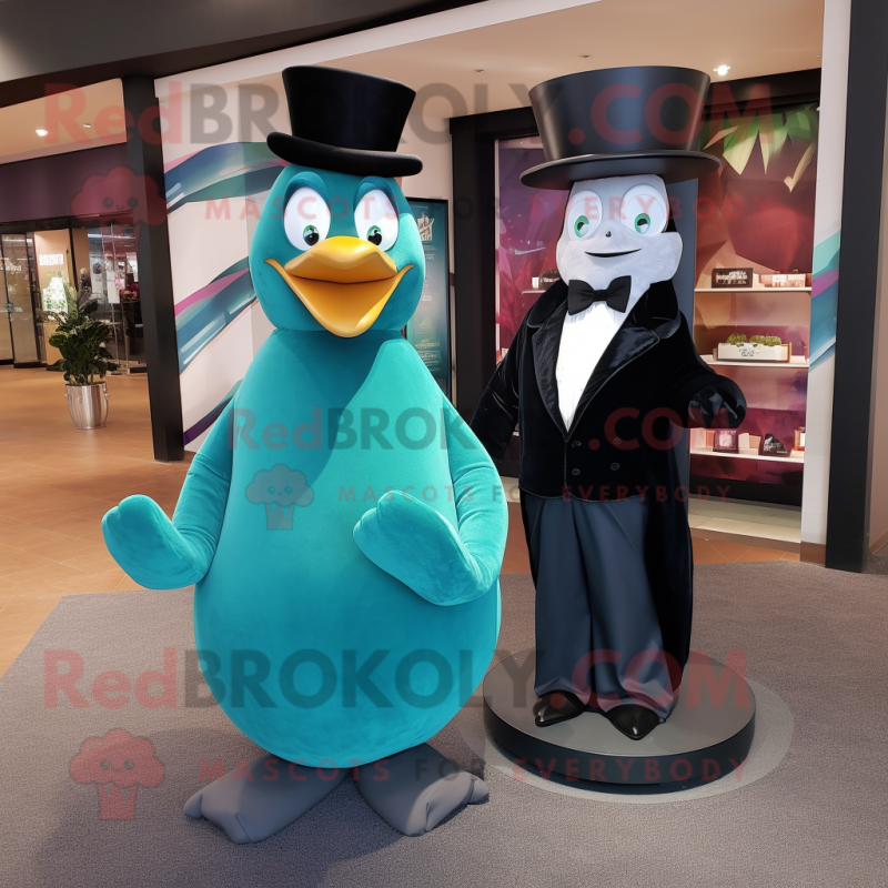 Teal Pear mascot costume character dressed with a Tuxedo and Clutch bags