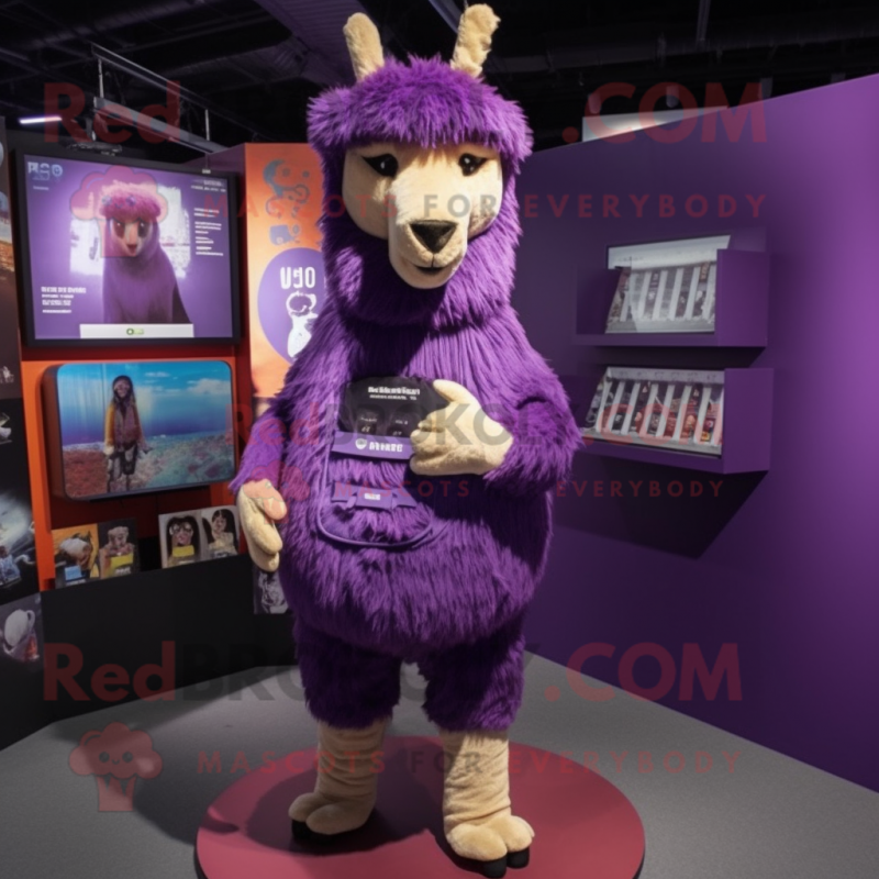 Purple Llama mascot costume character dressed with a Playsuit and Cummerbunds