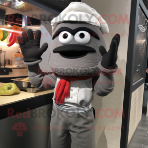 Gray Fajitas mascot costume character dressed with a Suit Pants and Mittens