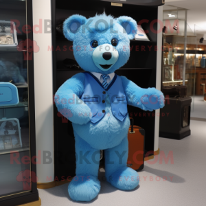 Blue Teddy Bear mascot costume character dressed with a Vest and Clutch bags