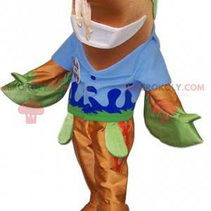 Dolfijnmascotte met een blauw t-shirt. Dolfijn kostuum -