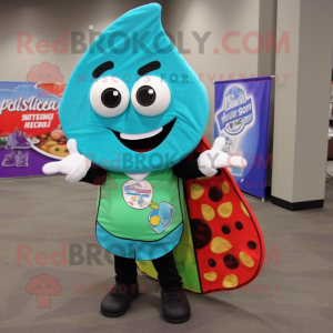 Turquoise Pizza Slice mascot costume character dressed with a Button-Up Shirt and Messenger bags