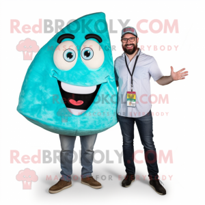 Turquoise Pizza Slice mascot costume character dressed with a Button-Up Shirt and Messenger bags