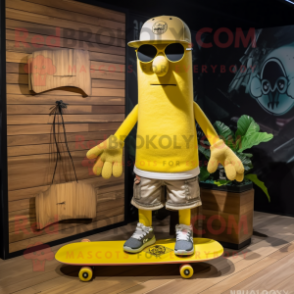 Lemon Yellow Skateboard mascot costume character dressed with a Cargo Shorts and Headbands