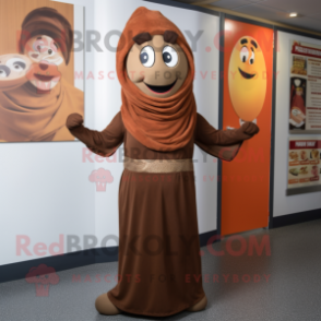Brown Tikka Masala mascot costume character dressed with a Wrap Dress and Beanies