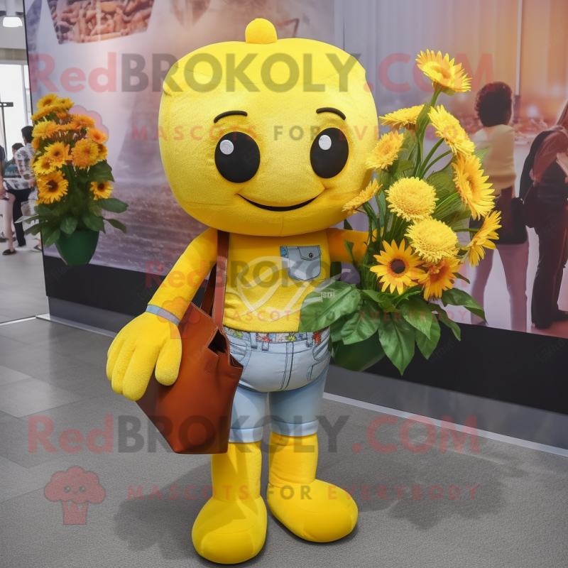 Yellow Bouquet Of Flowers mascot costume character dressed with a Skinny Jeans and Briefcases