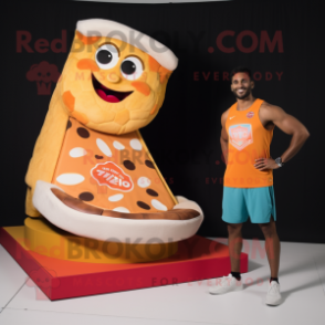 Peach Pizza Slice mascot costume character dressed with a Tank Top and Watches