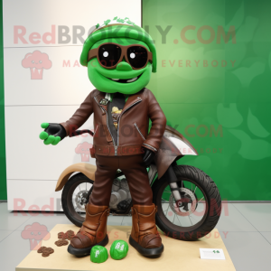 Forest Green Chocolates mascot costume character dressed with a Biker Jacket and Shoe laces