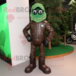 Forest Green Chocolates mascot costume character dressed with a Biker Jacket and Shoe laces