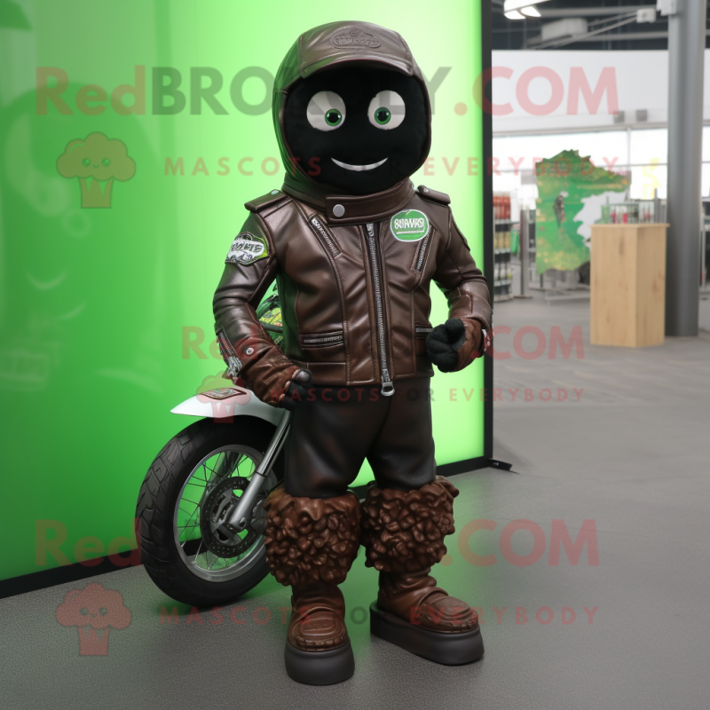 Forest Green Chocolates mascot costume character dressed with a Biker Jacket and Shoe laces