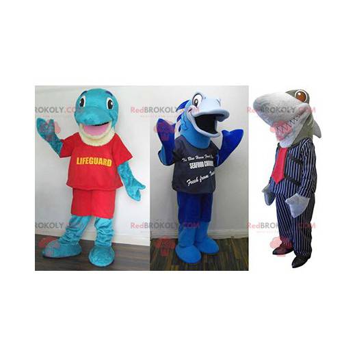 3 mascottes : un dauphin bleu un poisson bleu et un requin gris