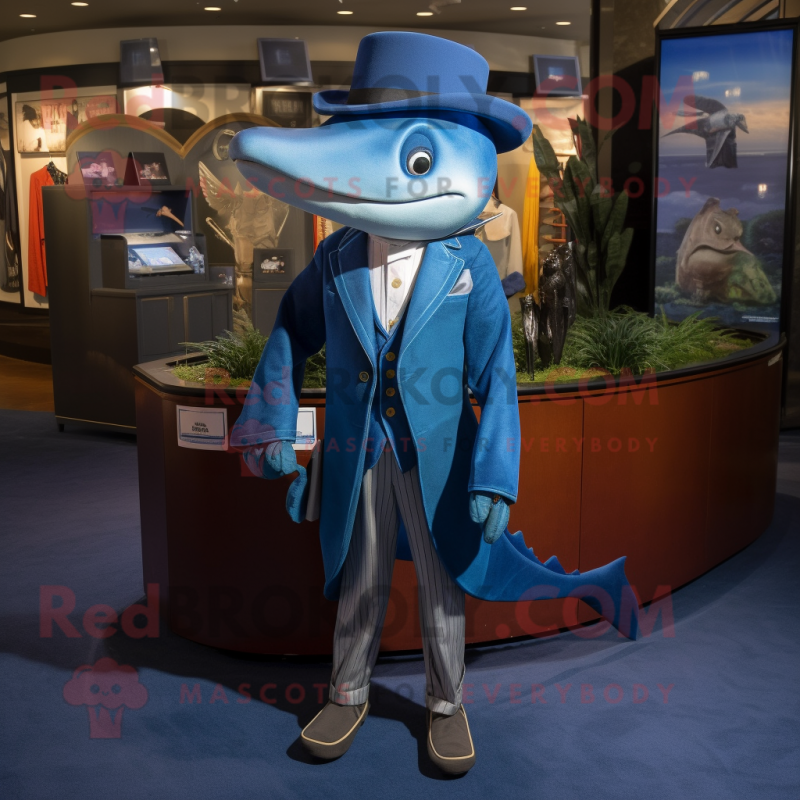 Blue Swordfish mascot costume character dressed with a Suit Jacket