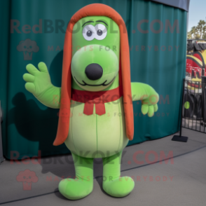 Green Hot Dogs mascot costume character dressed with a Corduroy Pants and Earrings