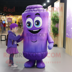 Purple Scented Candle mascot costume character dressed with a Midi Dress and Backpacks