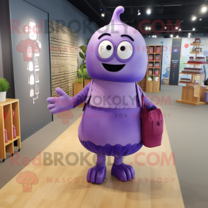 Purple Scented Candle mascot costume character dressed with a Midi Dress and Backpacks