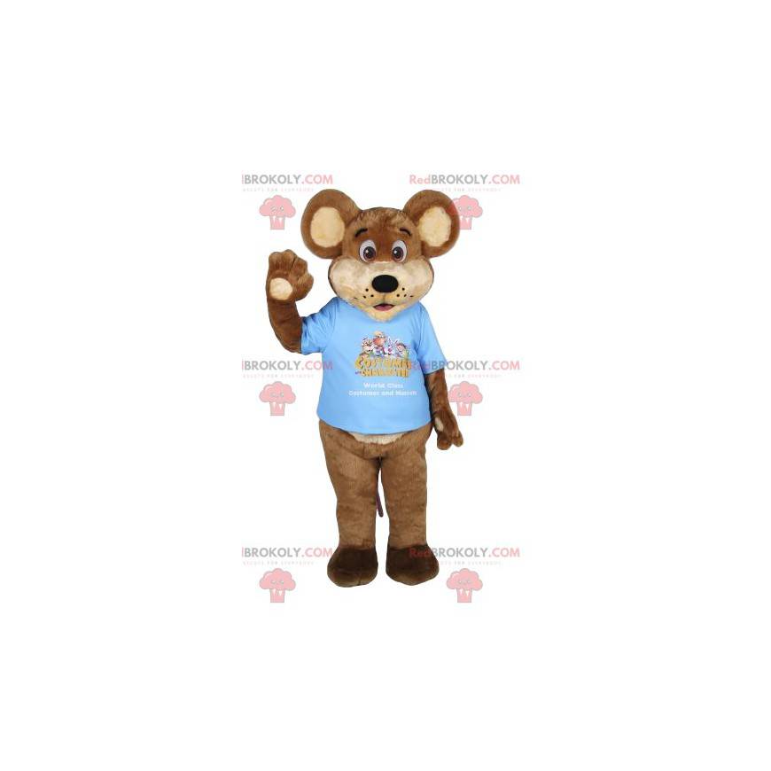 Bruine beer mascotte met een blauw t-shirt. Beer kostuum -