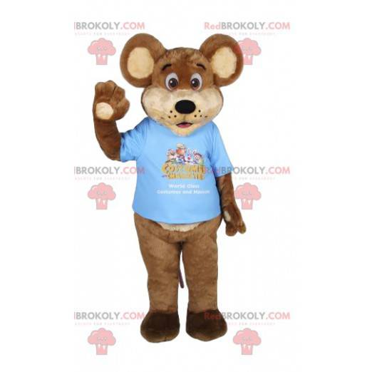 Bruine beer mascotte met een blauw t-shirt. Beer kostuum -
