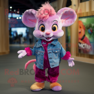 Magenta Dormouse mascot costume character dressed with a Denim Shorts and Hair clips