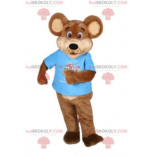 Bruine beer mascotte met een blauw t-shirt. Beer kostuum -