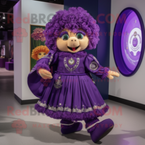 Purple Irish Dancing Shoes mascot costume character dressed with a Wrap Skirt and Coin purses