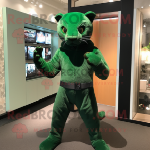 Forest Green Jaguarundi mascot costume character dressed with a Bodysuit and Gloves