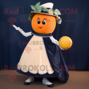 Navy Grapefruit mascot costume character dressed with a Ball Gown and Caps