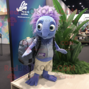 Lavender Betta Fish mascot costume character dressed with a Board Shorts and Briefcases