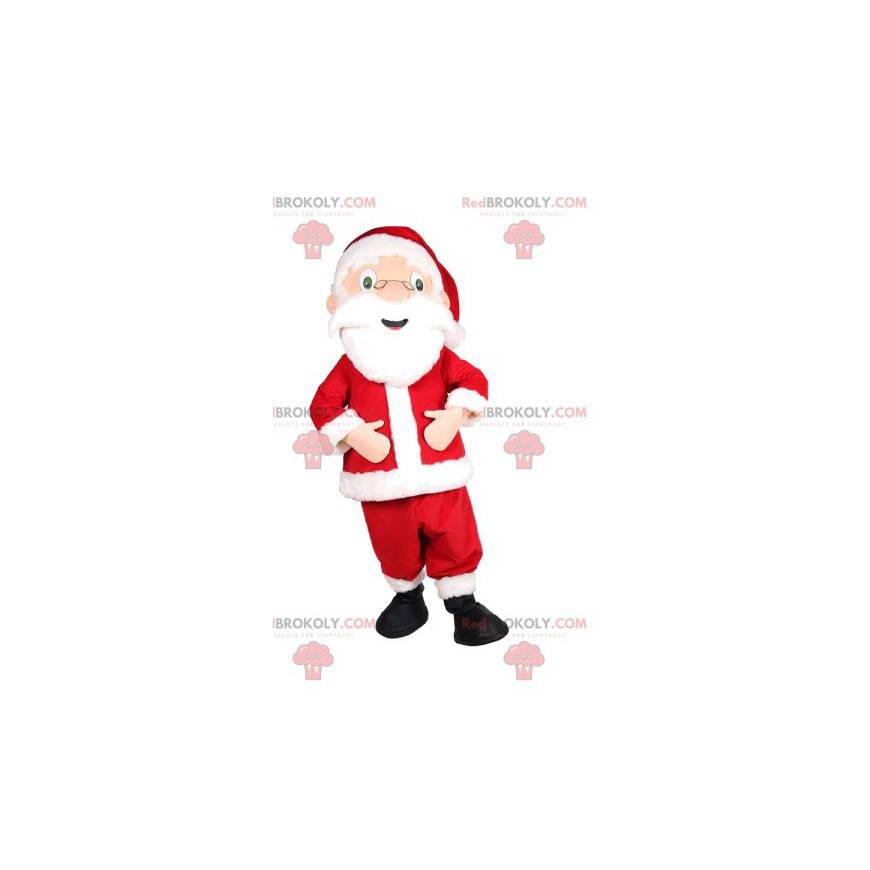 Super gelukkige Kerstman-mascotte. Santa kostuum -