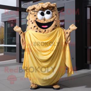 Gold Pulled Pork Sandwich mascot costume character dressed with a Maxi Dress and Scarves