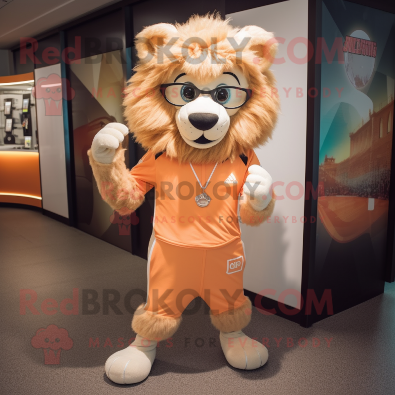 Peach Tamer Lion mascot costume character dressed with a Joggers and Sunglasses