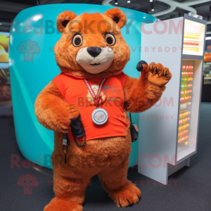 Orange Jaguarundi mascot costume character dressed with a Vest and Coin purses