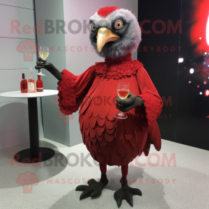 Red Guinea Fowl mascot costume character dressed with a Cocktail Dress and Gloves