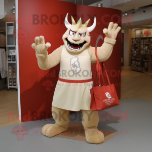 Beige Devil mascot costume character dressed with a Graphic Tee and Tote bags