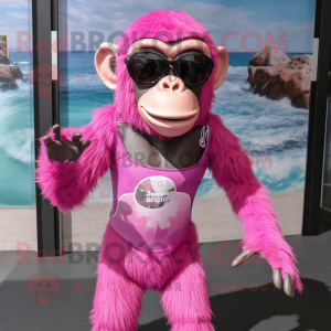 Pink Chimpanzee mascot costume character dressed with a Bikini and Sunglasses