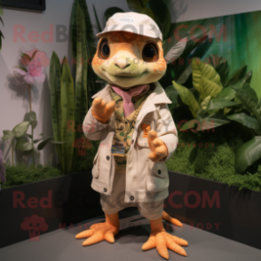 Peach Geckos mascot costume character dressed with a Parka and Pocket squares